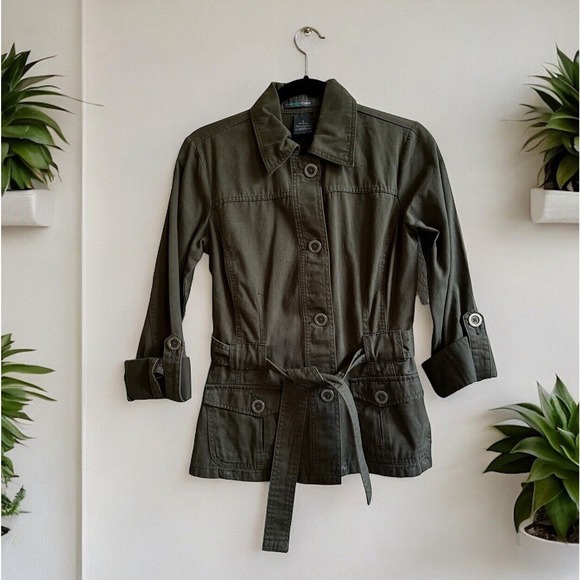 French Cuff Womens Size S‎ Cotton Moss Sage Belted Roll Tab Sleeve Cargo Jacket - Picture 1 of 9
